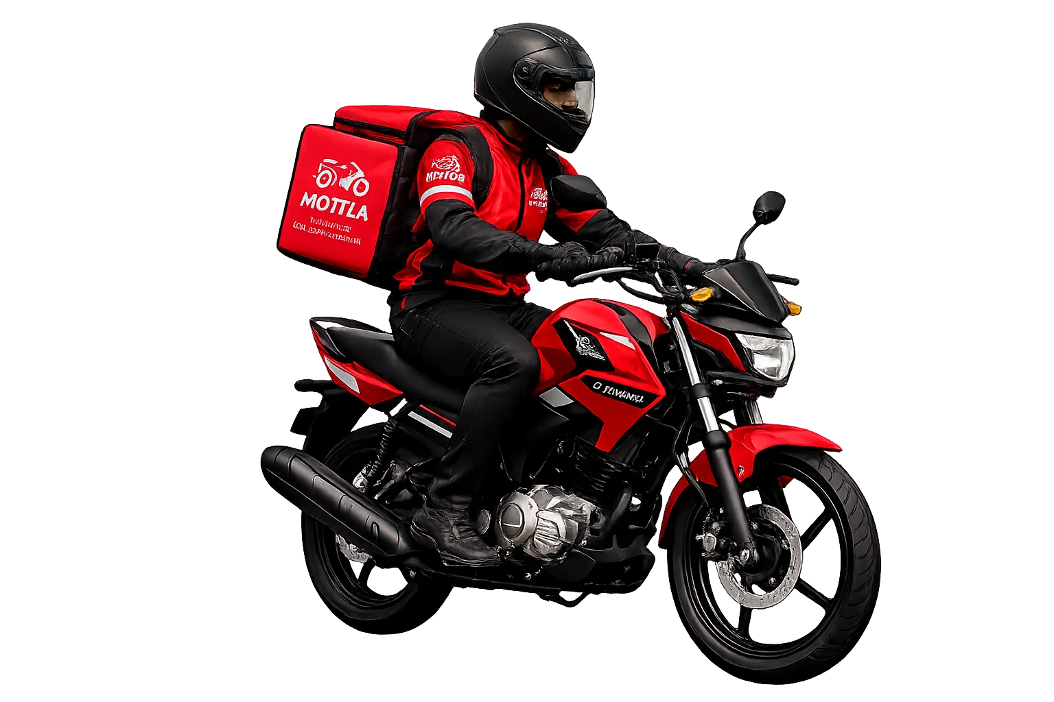 Entregador com mochila de delivery em uma motocicleta vermelha